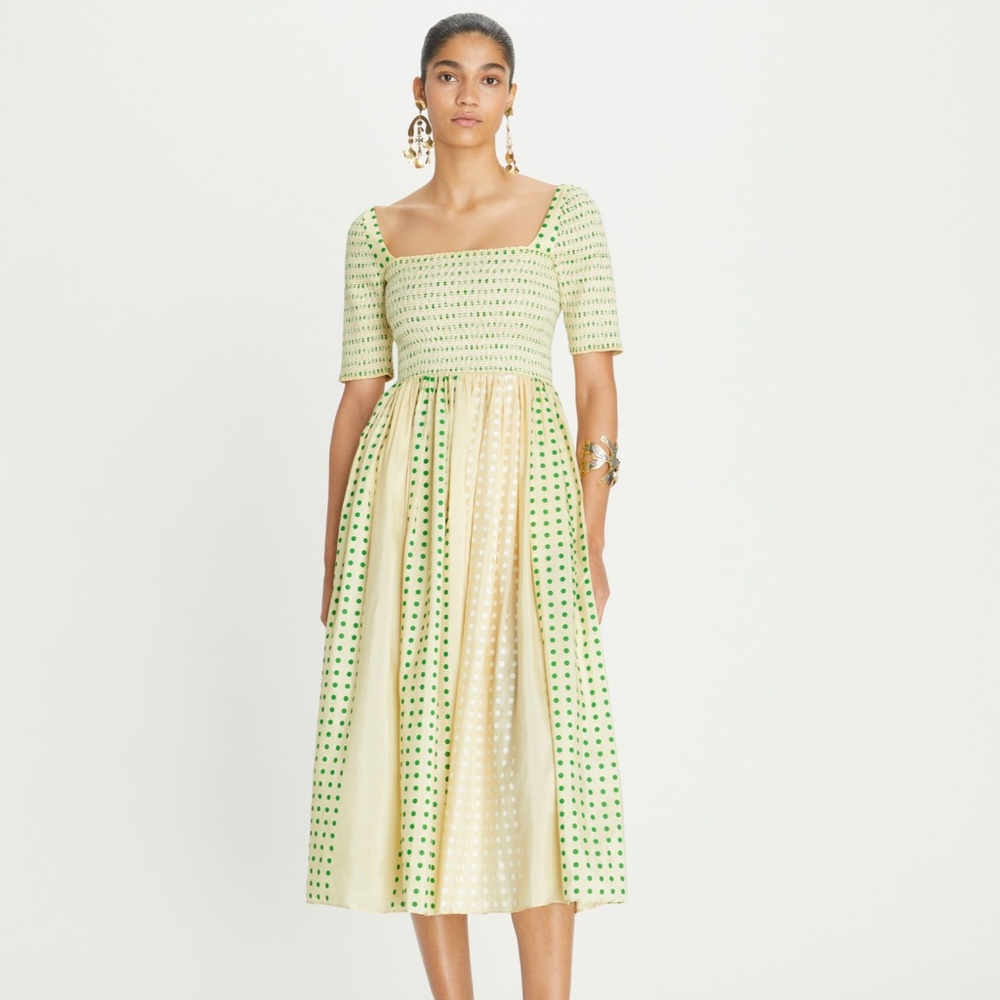 Tory Burch Printed Silk Smocked Midi Dress in green polka dot | Size 2